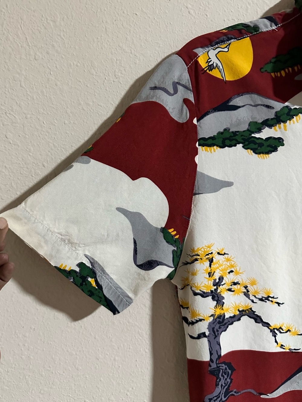 Denim & Flower Ricky Singh Burgundy, Cream & Yellow Crane Print Shirt - Picture 4 of 9